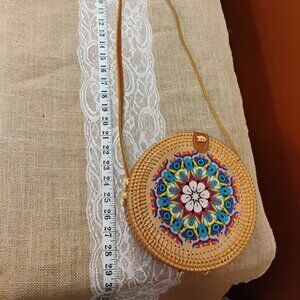 Round Rattan Crossbody Bag Hand Painted Mandala NWOT Boho Festival Summer